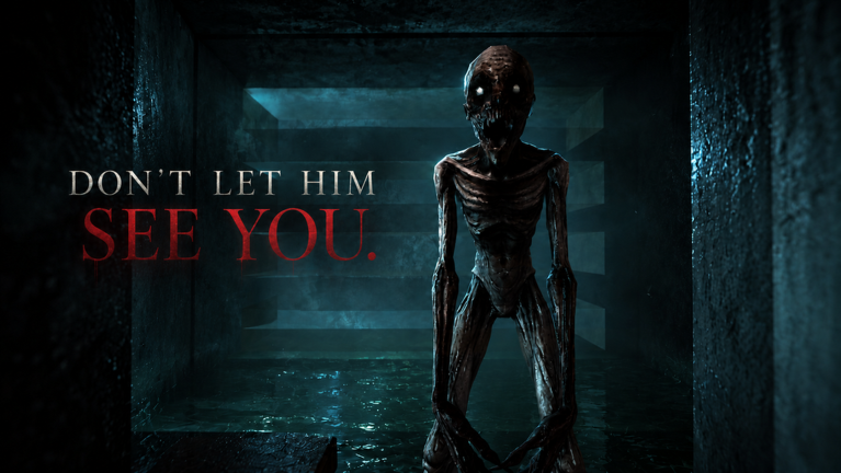 A gaunt, skeletal creature standing in a flooded dark corridor with the warning 'Don't let him see you' beside it.