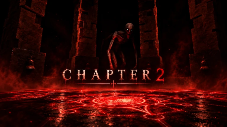 The Black Bell Chapter 2 title card: the pale creature crouched in a red-lit chamber above the glowing seal circle, with bells on stone pedestals.